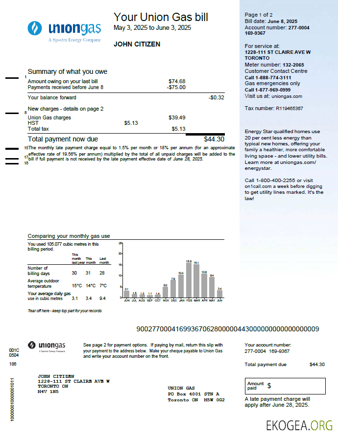 Canada Union gas utility bill template in word and pdf formats template